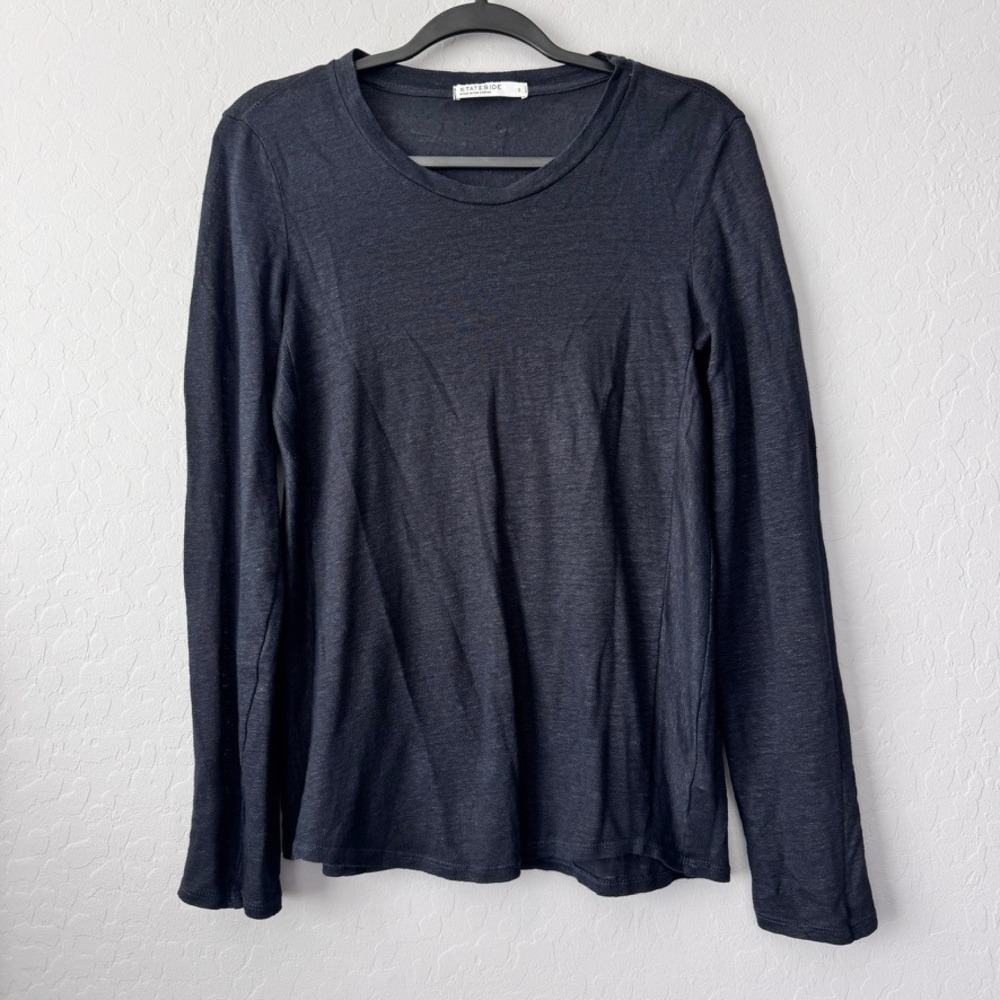 Stateside Small Top Navy Blue Long Sleeve 100% Linen Crew Neck Relaxed Tee